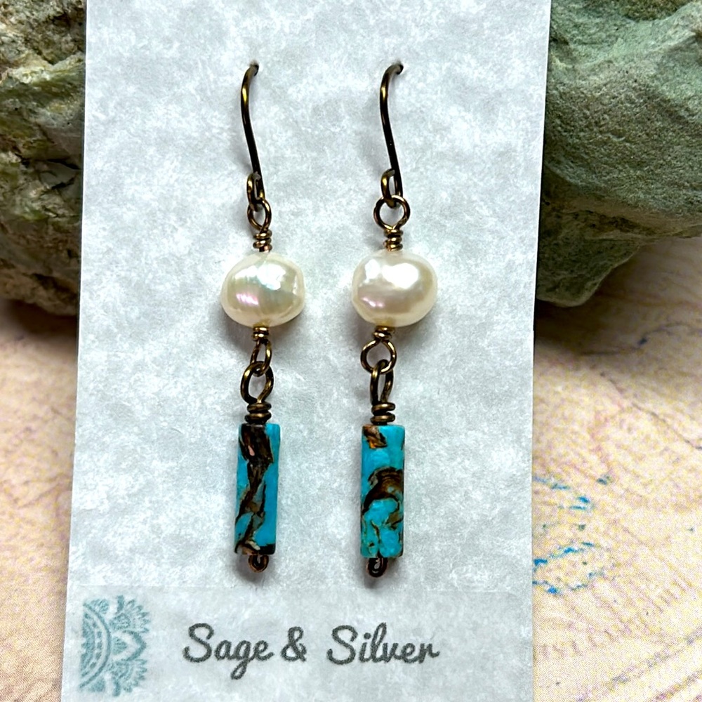 NEW Genuine freshwater pearls with imperial jasper earrings non tarnish copper